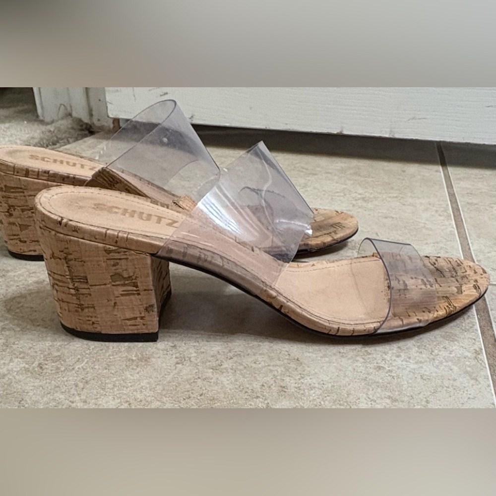 SCHUTZ Clear Strap Cork Slide Sandals in Natural/Tan - Picture 4 of 9